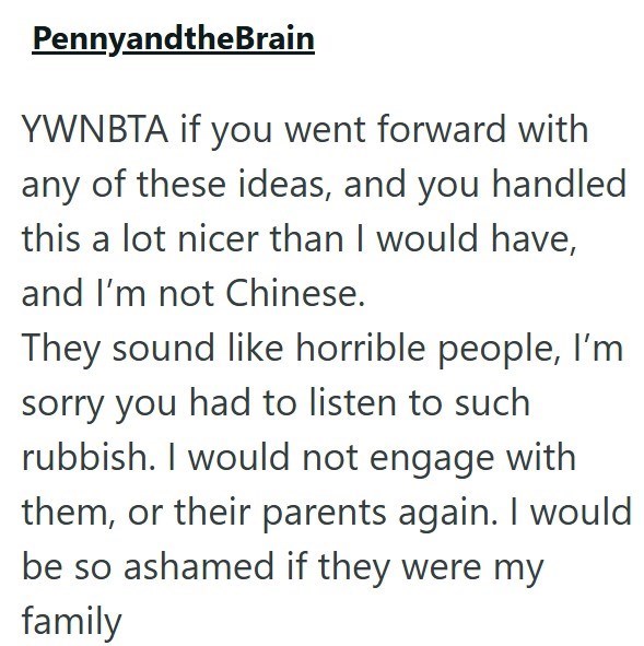 PennyandtheBrain YWNBTA if you went forward with any of these ideas, and you handled this a lot nicer than I would have, and I'm not Chinese. They sound like horrible people, I'm sorry you had to listen to such rubbish. I would not engage with them, or their parents again. I would be so ashamed if they were my family