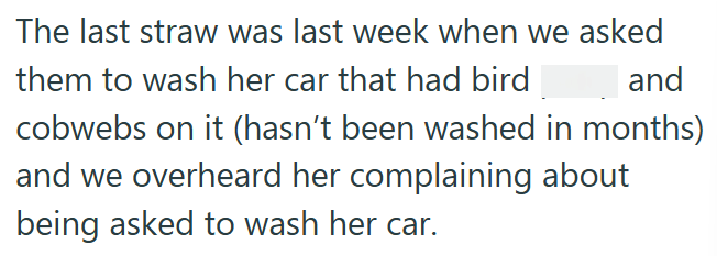 The last straw was last week when we asked them to wash her car that had bird and cobwebs on it (hasn't been washed in months) and we overheard her complaining about being asked to wash her car.