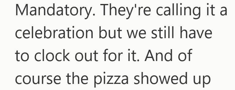 Mandatory. They're calling it a celebration but we still have to clock out for it. And of course the pizza showed up