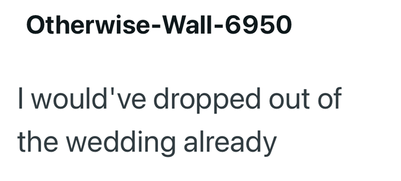 Otherwise-Wall-6950 I would've dropped out of the wedding already