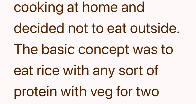 cooking at home and decided not to eat outside. The basic concept was to eat rice with any sort of protein with veg for two