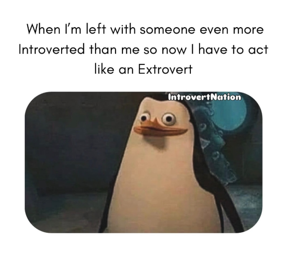 When I'm left with someone even more Introverted than me so now I have to act like an Extrovert IntrovertNation