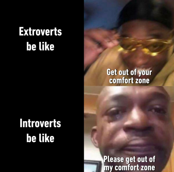 Extroverts be like Get out of your comfort zone Introverts be like Please get out of my comfort zone
