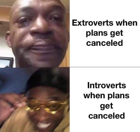 Extroverts when plans get canceled Introverts when plans get canceled