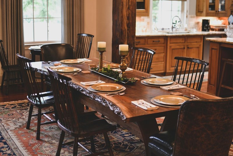 A wooden table and chairs.