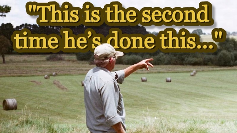 An older neighbor in a hat points out towards a green grass field beneath a blue sky