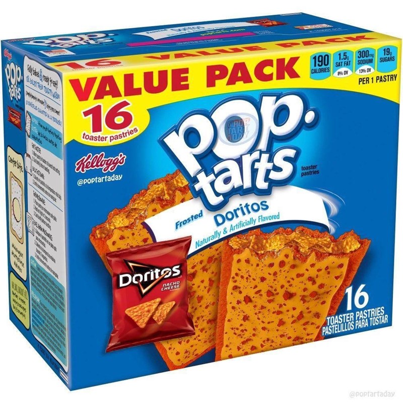 my_hone vaફ હોને CLOUD THEY TASTY M અને સાચ BUYSAL VALUE PACK 190 16 toaster pastries Kellogg's @poptartaday Pop. tarts Frosted Doritos Naturally&Artificially Flavored toaster pastries CALORIES SAT FAT 8% DV SODIUM SUGARS 13% DV PER 1 PASTRY benja Doritos ПАСНО CHEESE 16 TOASTER PASTRIES PASTELILLOS PARA TOSTAR @poptartaday