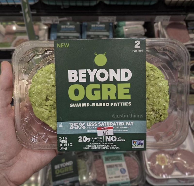 NEW 2 PATTIES BEYOND OGRE SWAMP-BASED PATTIES @justin.things 35% LESS SATURATED FAT 2-4 OZ PATTIES NET WT 8 OZ (226g) THAN A 4C MEAT SEE NUTRITION IN OF PROTEIN 209 SERVING 6/9 20 GROUND OGRE ATURATED FAT CONTENT NO PERISHABLE: KEEP REFRIGERATED IF PURCHASED REFRIGERATED, BEST BEFORE: SOY GLUTEN RETAILER: APPLY REFRIGERATED "BEST BEFORE DATE NON GMO VERIFIED BEYOND OGRE