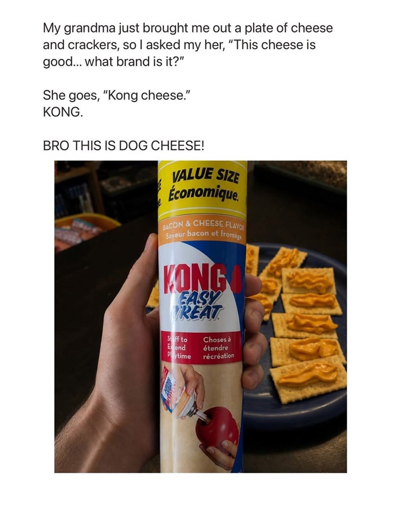 My grandma just brought me out a plate of cheese and crackers, so I asked my her, "This cheese is good... what brand is it?" She goes, "Kong cheese." KONG. BRO THIS IS DOG CHEESE! VALUE SIZE Économique. BACON & CHEESE FLAVOR Saveur bacon et fromage KONG EASY TREAT Staff to Extend Playtime Choses à étendre récréation