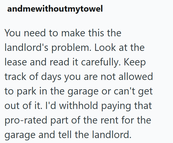 andmewithoutmytowel You need to make this the landlord's problem. Look at the lease and read it carefully. Keep track of days you are not allowed to park in the garage or can't get out of it. I'd withhold paying that pro-rated part of the rent for the garage and tell the landlord.