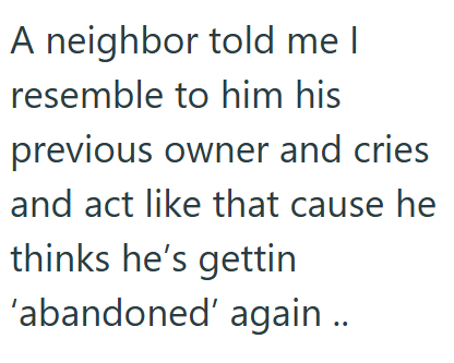 A neighbor told me I resemble to him his previous owner and cries and act like that cause he thinks he's gettin 'abandoned' again..