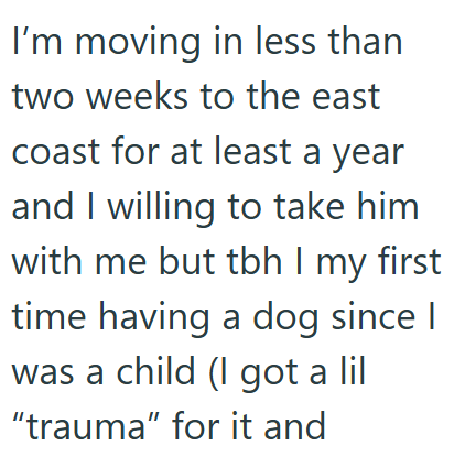 I'm moving in less than two weeks to the east coast for at least a year and I willing to take him with me but tbh I my first time having a dog since I was a child (I got a lil "trauma" for it and