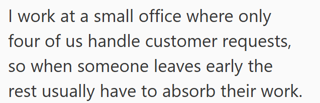 I work at a small office where only four of us handle customer requests, so when someone leaves early the rest usually have to absorb their work.