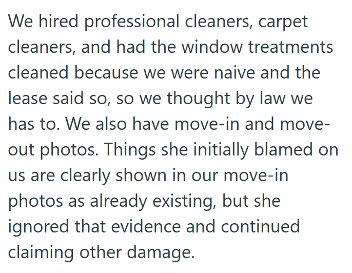 We hired professional cleaners, carpet cleaners, and had the window treatments cleaned because we were naive and the lease said so, so we thought by law we has to. We also have move-in and move- out photos. Things she initially blamed on us are clearly shown in our move-in photos as already existing, but she ignored that evidence and continued claiming other damage.