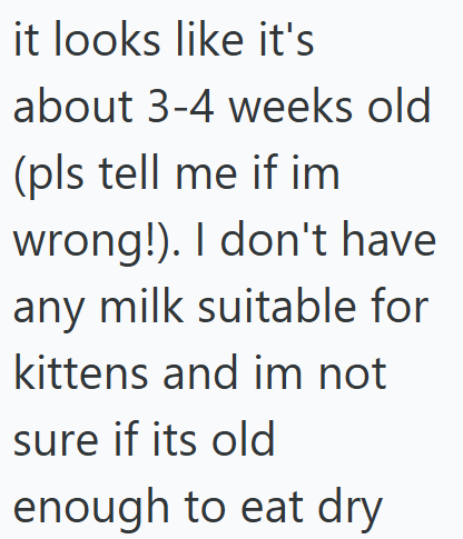 it looks like it's about 3-4 weeks old (pls tell me if im wrong!). I don't have any milk suitable for kittens and im not sure if its old enough to eat dry