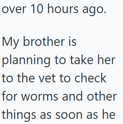over 10 hours ago. My brother is planning to take her to the vet to check for worms and other things as soon as he