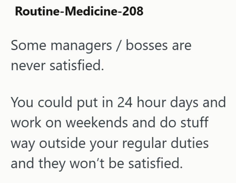 Routine-Medicine-208 Some managers / bosses are never satisfied. You could put in 24 hour days and work on weekends and do stuff way outside your regular duties and they won't be satisfied.