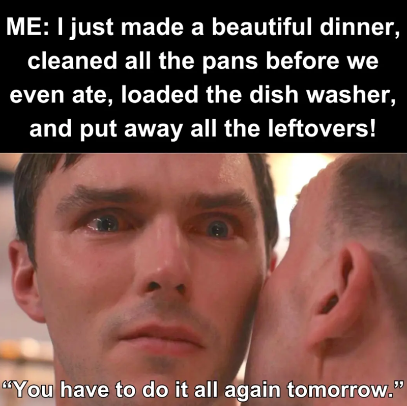 ME: I just made a beautiful dinner, cleaned all the pans before we even ate, loaded the dish washer, and put away all the leftovers! "You have to do it all again tomorrow."