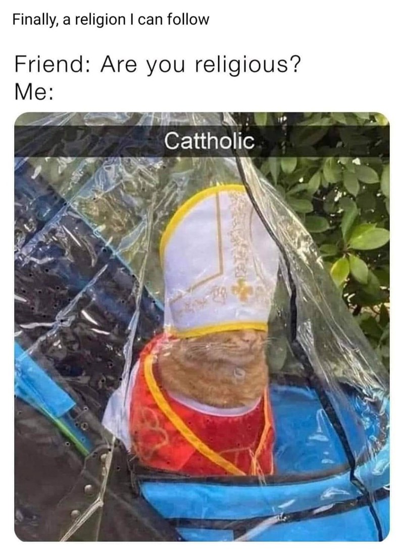 Finally, a religion I can follow Friend: Are you religious? Me: Cattholic