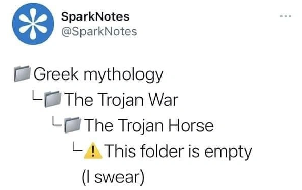 * SparkNotes @SparkNotes Greek mythology The Trojan War The Trojan Horse L! This folder is empty (I swear)