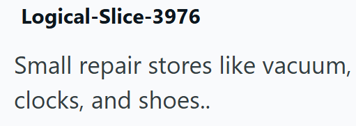 Logical-Slice-3976 Small repair stores like vacuum, clocks, and shoes..