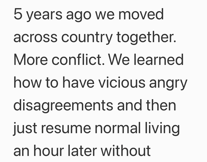 5 years ago we moved across country together. More conflict. We learned how to have vicious angry disagreements and then just resume normal living an hour later without
