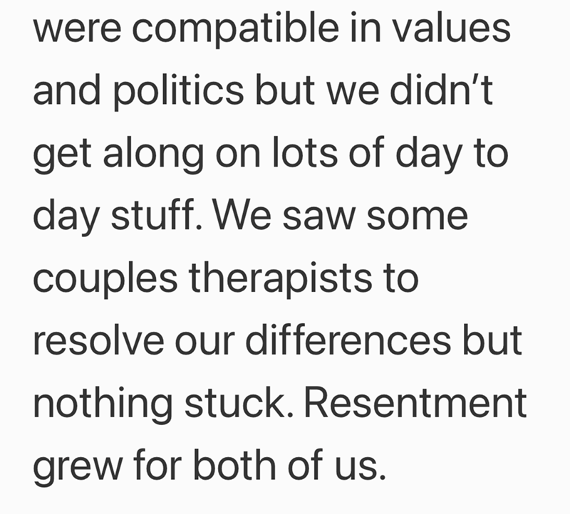 were compatible in values and politics but we didn't get along on lots of day to day stuff. We saw some couples therapists to resolve our differences but nothing stuck. Resentment grew for both of us.