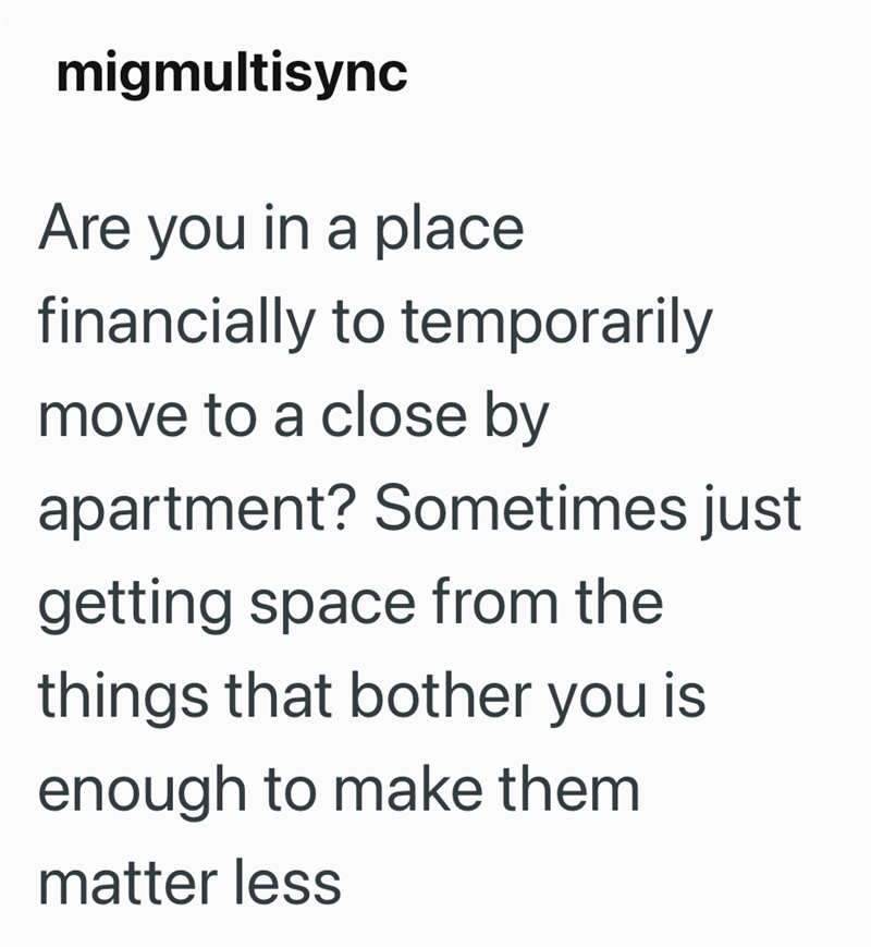 migmultisync Are you in a place financially to temporarily move to a close by apartment? Sometimes just getting space from the things that bother you is enough to make them matter less