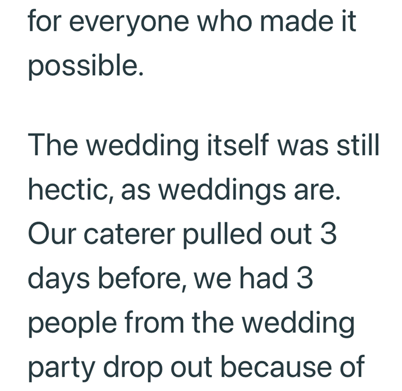 for everyone who made it possible. The wedding itself was still hectic, as weddings are. Our caterer pulled out 3 days before, we had 3 people from the wedding party drop out because of