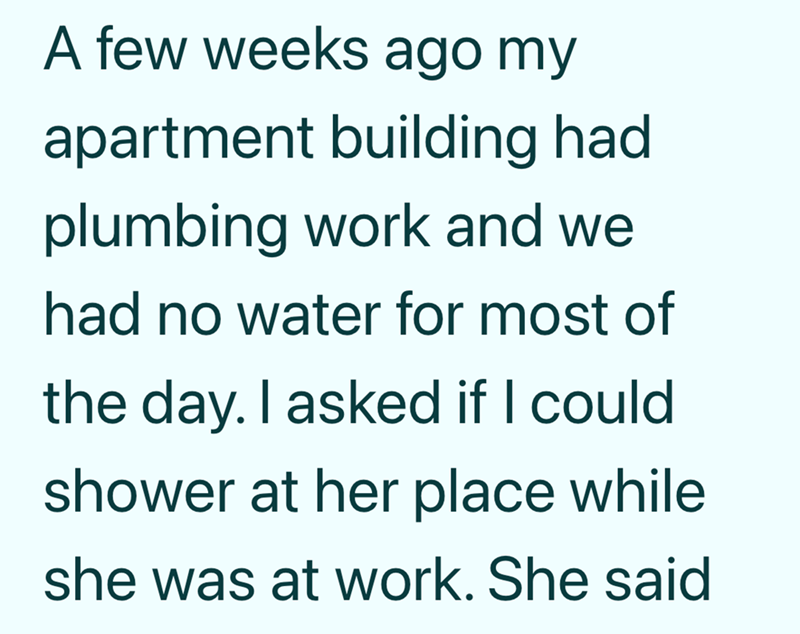 A few weeks ago my apartment building had plumbing work and we had no water for most of the day. I asked if I could shower at her place while she was at work. She said
