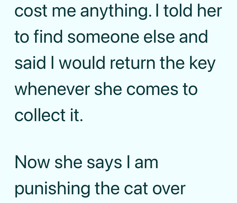 cost me anything. I told her to find someone else and said I would return the key whenever she comes to collect it. Now she says I am punishing the cat over