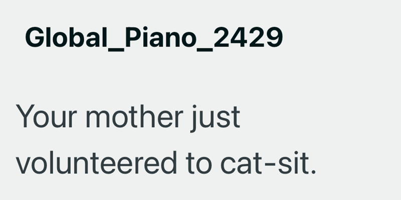 Global_Piano_2429 Your mother just volunteered to cat-sit.