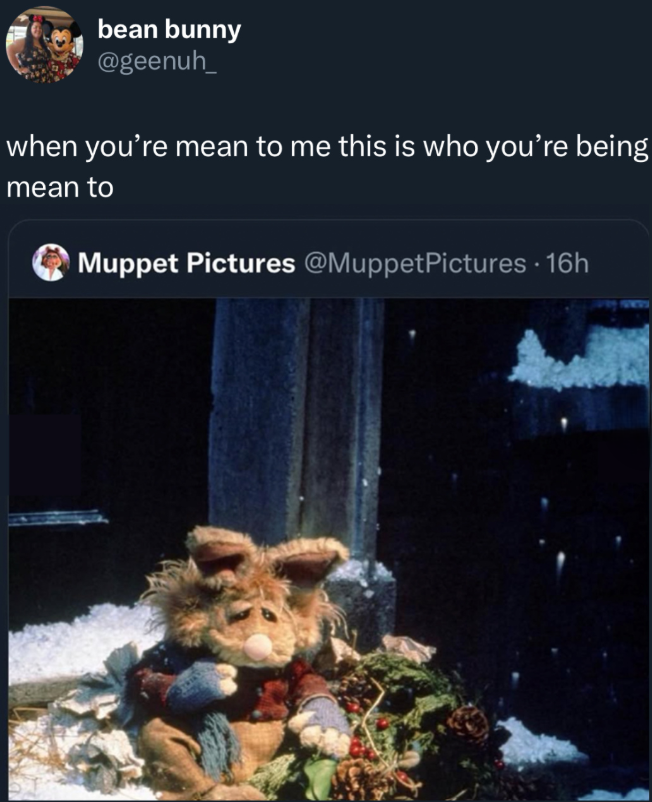 bean bunny @geenuh_ when you're mean to me this is who you're being mean to Muppet Pictures @MuppetPictures • 16h