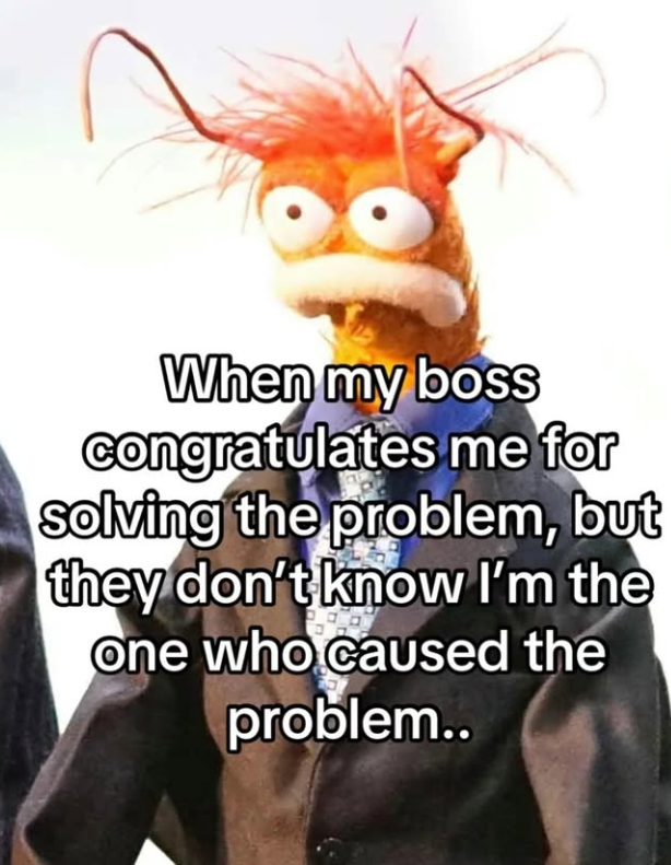When my boss congratulates me for solving the problem, but they don't know I'm the One who caused the problem..