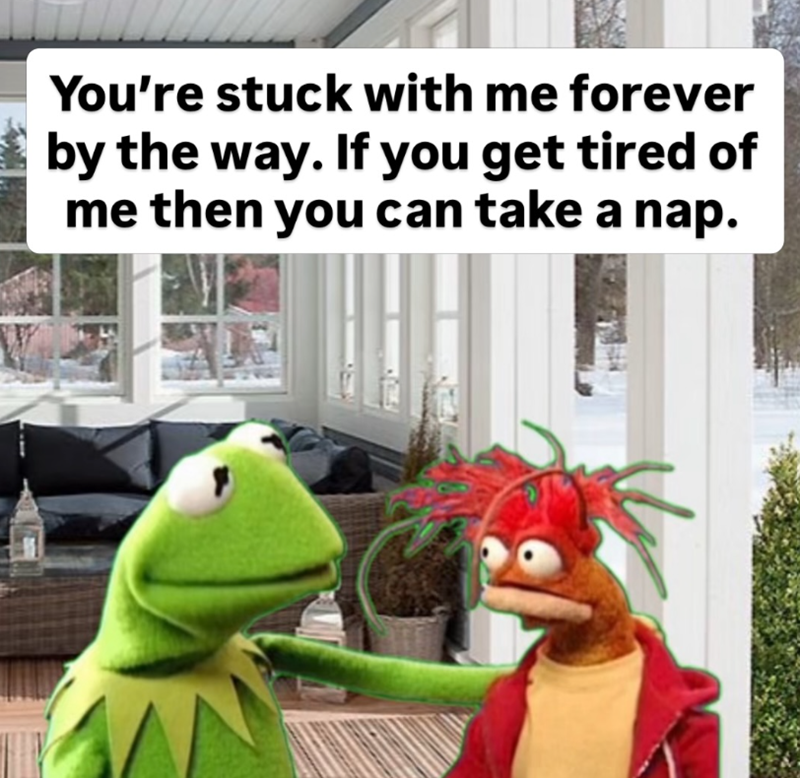You're stuck with me forever by the way. If you get tired of me then you can take a nap.