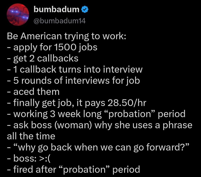 bumbadum @bumbadum14 Be American trying to work: - apply for 1500 jobs - get 2 callbacks - - - 1 callback turns into interview 5 rounds of interviews for job aced them - finally get job, it pays 28.50/hr - working 3 week long "probation" period - ask boss (woman) why she uses a phrase all the time - – “why go back when we can go forward?" - boss: >:( - fired after "probation" period