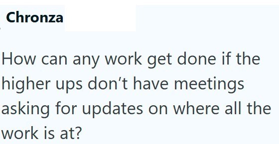 Chronza How can any work get done if the higher ups don't have meetings asking for updates on where all the work is at?