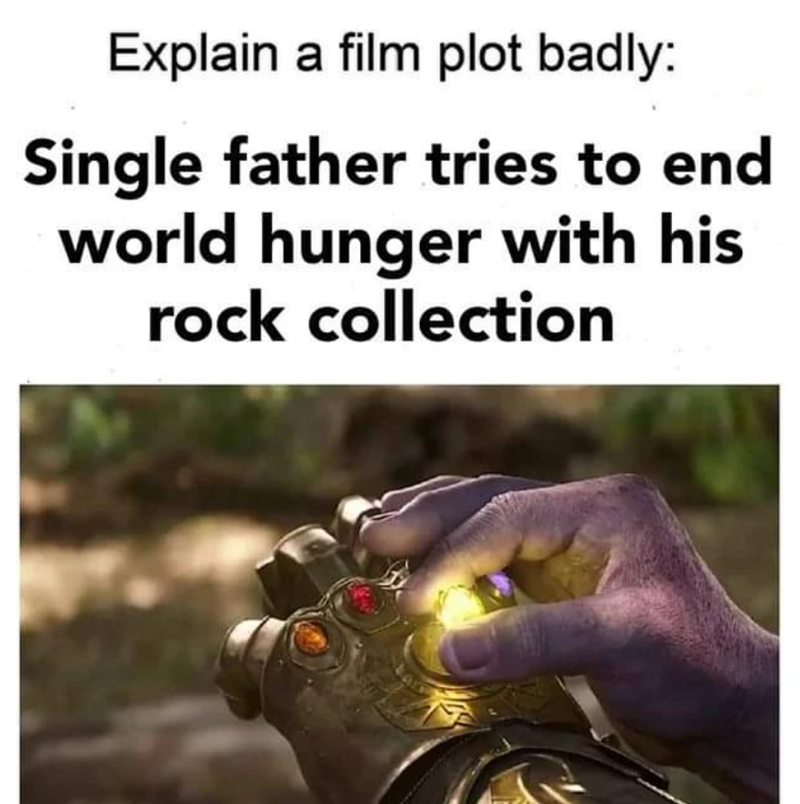 Explain a film plot badly: Single father tries to end world hunger with his rock collection