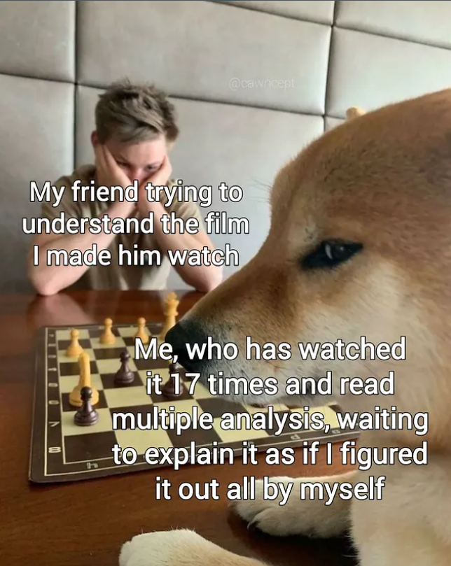 @cawncept My friend trying to understand the film I made him watch h Me, who has watched it 17 times and read multiple analysis, waiting to explain it as if I figured it out all by myself