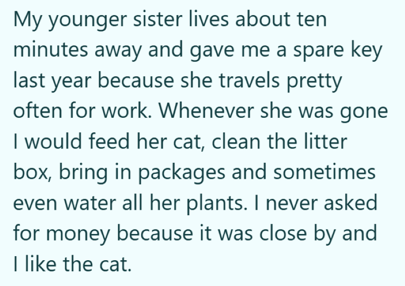 My younger sister lives about ten minutes away and gave me a spare key last year because she travels pretty often for work. Whenever she was gone I would feed her cat, clean the litter box, bring in packages and sometimes even water all her plants. I never asked for money because it was close by and I like the cat.