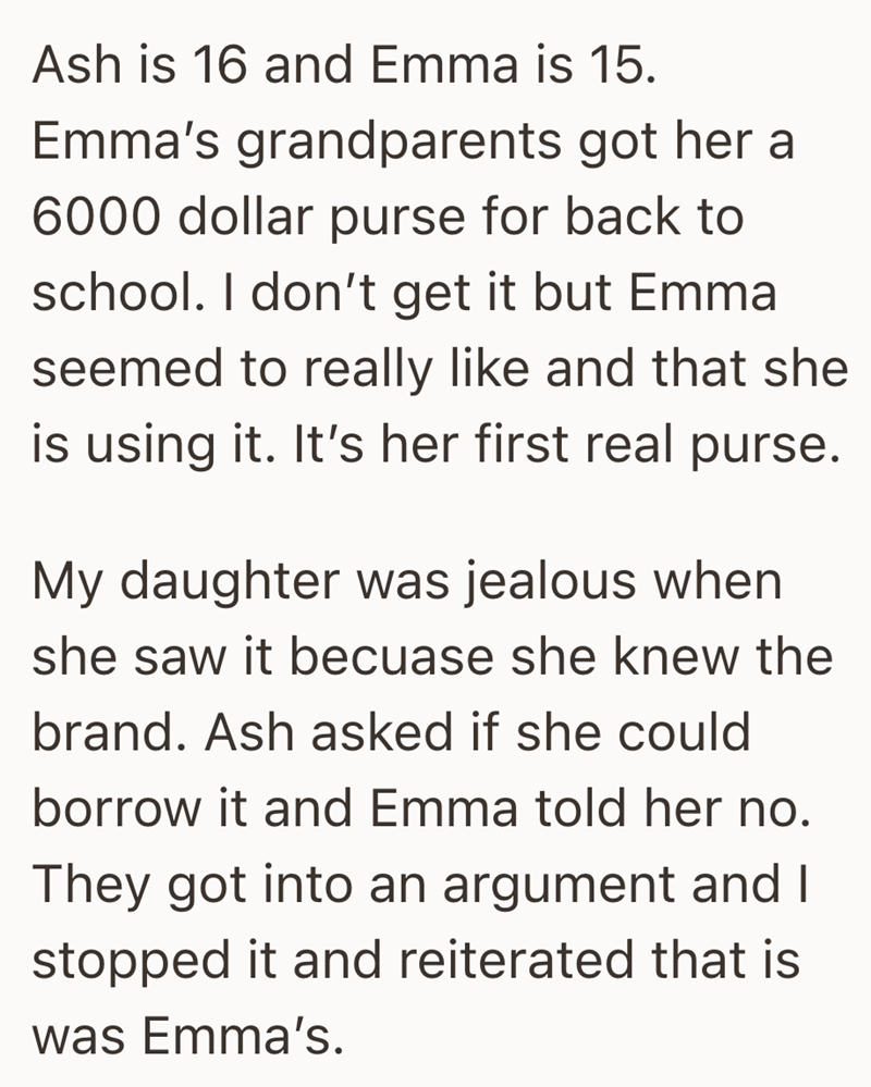 Ash is 16 and Emma is 15. Emma's grandparents got her a 6000 dollar purse for back to school. I don't get it but Emma seemed to really like and that she is using it. It's her first real purse. My daughter was jealous when she saw it becuase she knew the brand. Ash asked if she could borrow it and Emma told her no. They got into an argument and I stopped it and reiterated that is was Emma's.
