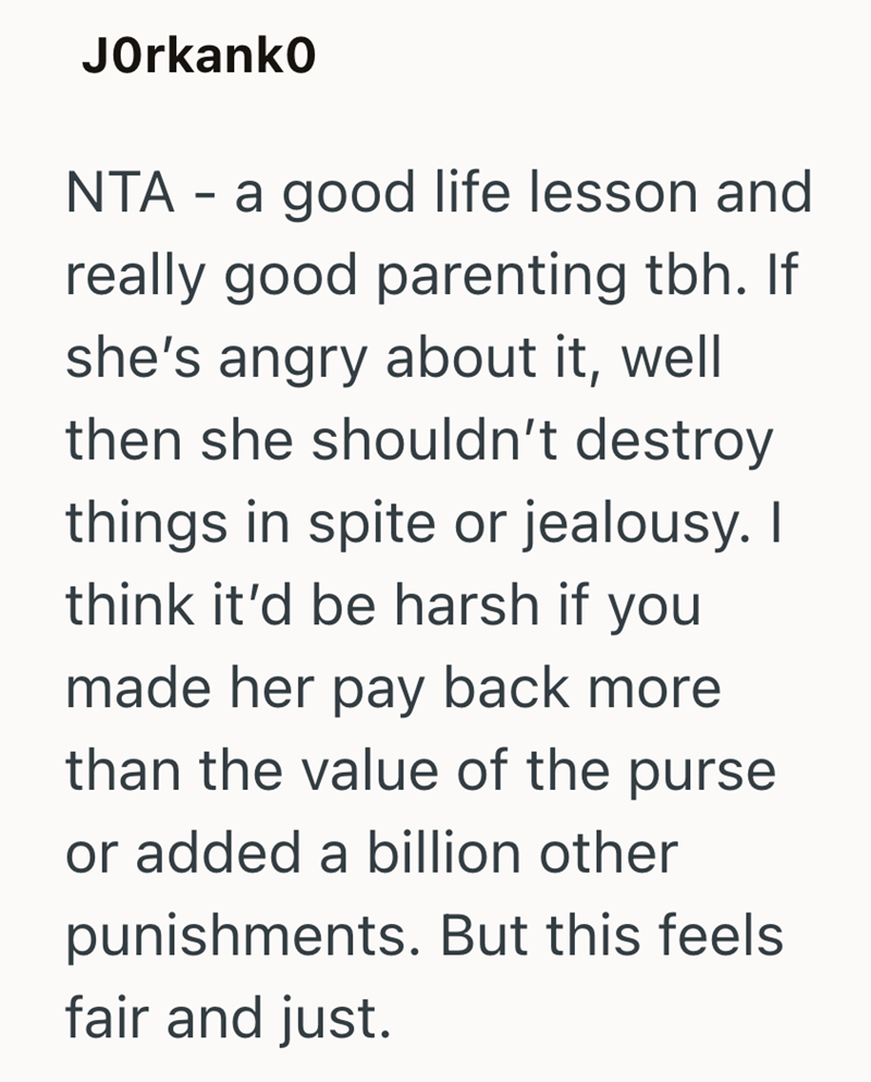 JOrkanko NTA - a good life lesson and really good parenting tbh. If she's angry about it, well then she shouldn't destroy things in spite or jealousy. I think it'd be harsh if you made her pay back more than the value of the purse or added a billion other punishments. But this feels. fair and just.