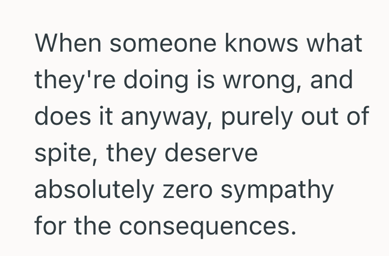 When someone knows what they're doing is wrong, and does it anyway, purely out of spite, they deserve absolutely zero sympathy for the consequences.