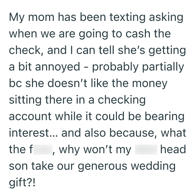 My mom has been texting asking when we are going to cash the check, and I can tell she's getting a bit annoyed - probably partially bc she doesn't like the money sitting there in a checking account while it could be bearing interest... and also because, what the f why won't my I head son take our generous wedding gift?!