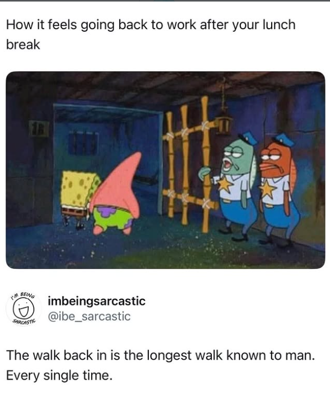 How it feels going back to work after your lunch break rm BEING SARCASTIC imbeingsarcastic @ibe_sarcastic The walk back in is the longest walk known to man. Every single time.