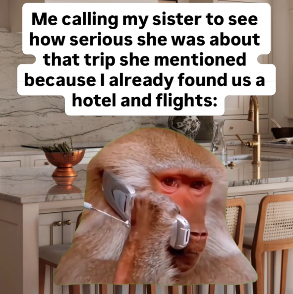 Me calling my sister to see how serious she was about that trip she mentioned because I already found us a hotel and flights: