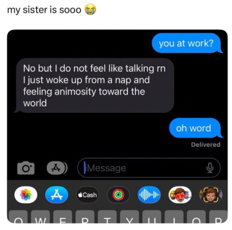 my sister is sooo you at work? No but I do not feel like talking rn I just woke up from a nap and feeling animosity toward the world A Message A Cash oh word Delivered 0 W F D T VILOR