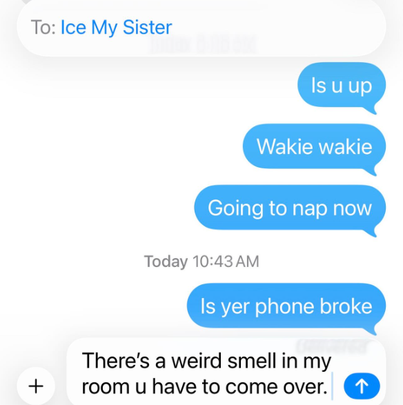 To: Ice My Sister Is u up Wakie wakie + Going to nap now Today 10:43 AM Is yer phone broke There's a weird smell in my room u have to come over. ↑