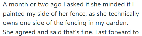A month or two ago I asked if she minded if I painted my side of her fence, as she technically owns one side of the fencing in my garden. She agreed and said that's fine. Fast forward to