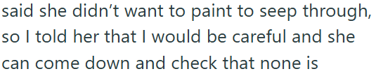 said she didn't want to paint to seep through, so I told her that I would be careful and she can come down and check that none is